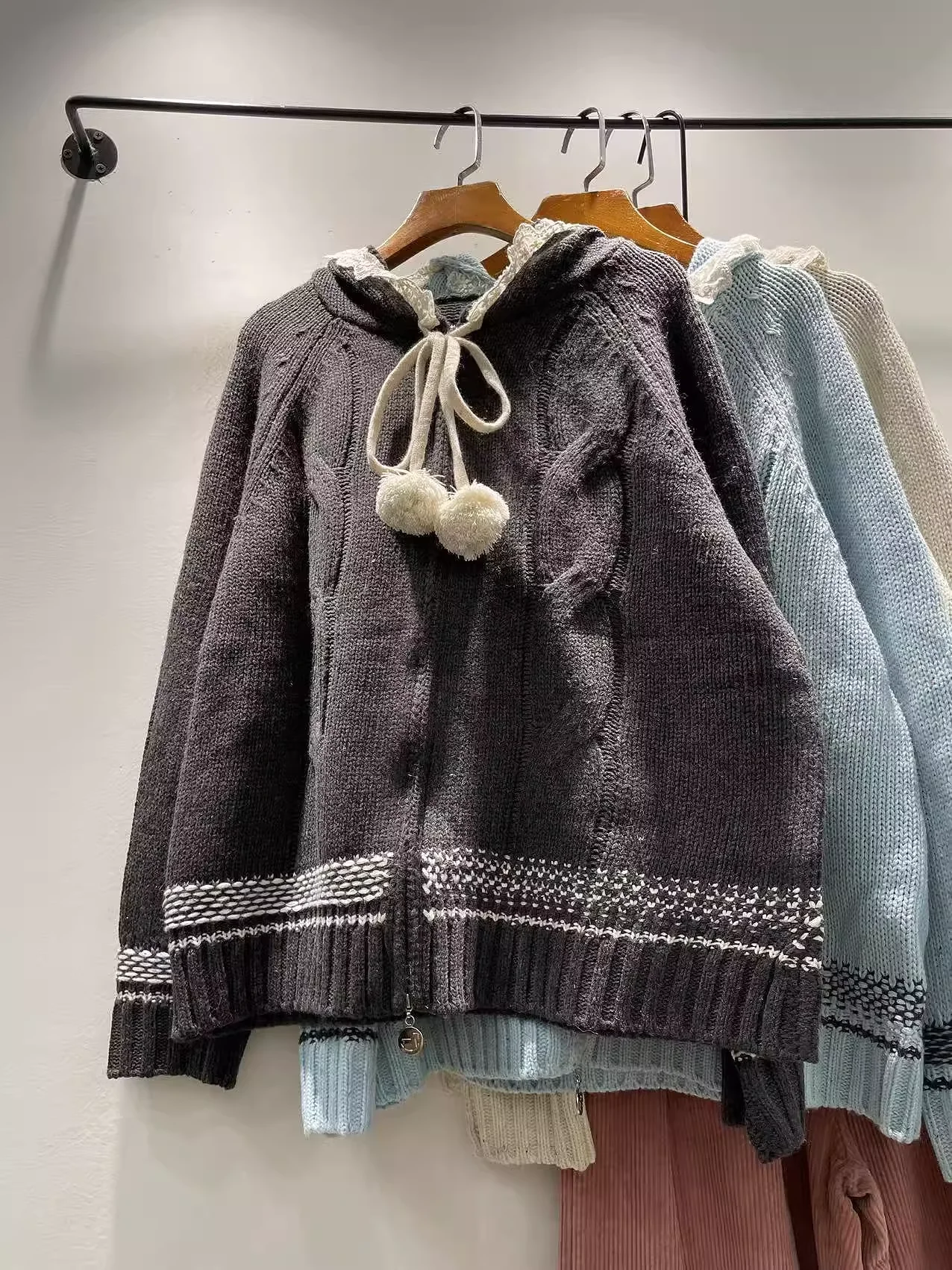 Japanese mori girl hooded sweater for women sweet lace patchwork handmade hooded cardigan thick warm loose knit hoodies outwear
