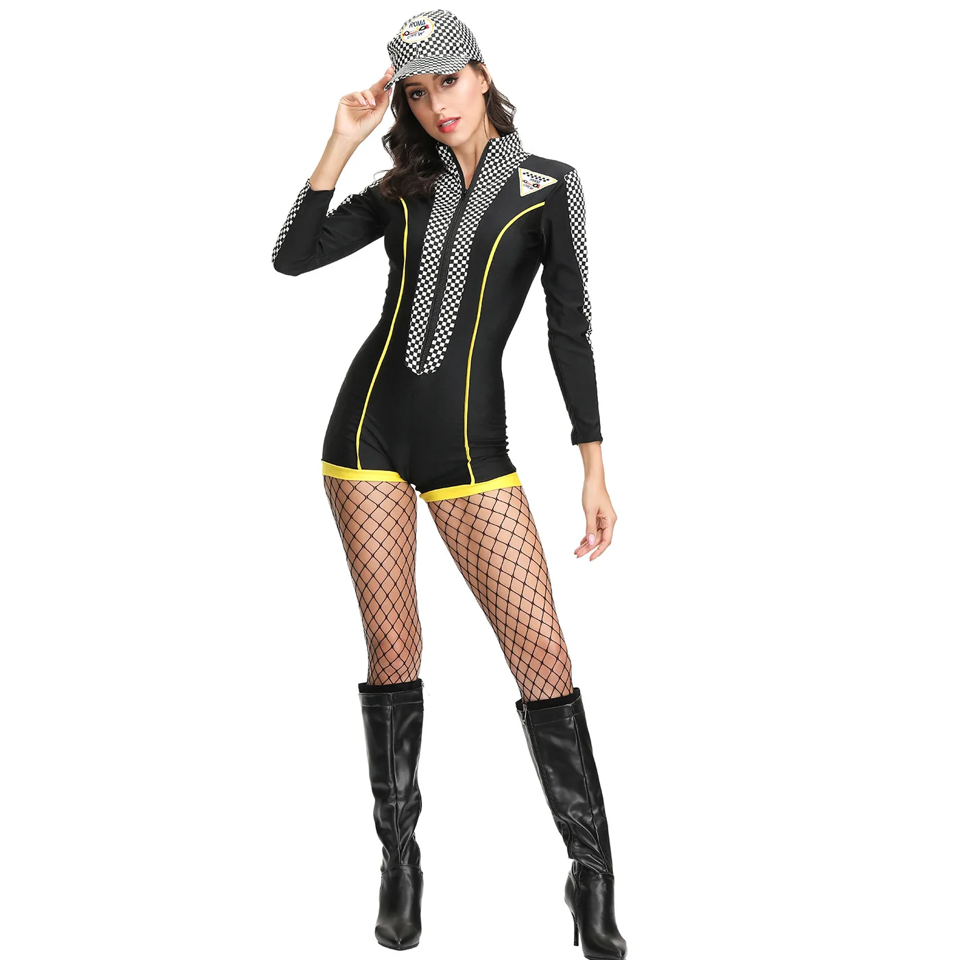 

Sexy Long Sleeve Race Car Driver Bodycon Bodysuit Jumpsuit Woman Racer Racing Girl Uniform Hat Cosplay Halloween Fancy Costume