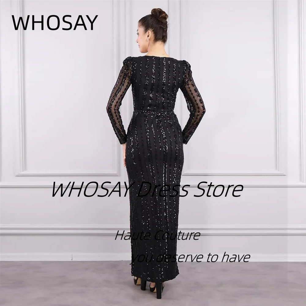 WHOSAY Black Prom Dresses Beaded Sequins Strips Evening Gowns Long Sleeves Side Slit Cocktail Party Women Wear Formal Dress