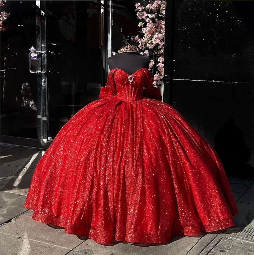 Impassioned Shinning Red Ball Gown Quinceanera Dress Off The Shoulder Mexican Sweet 16 Dress Princess Lace-up Vestido Customized