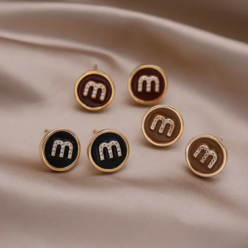 French new design fashion jewelry 14K gold plated zircon letter M enamel earrings elegant women's daily work accessories