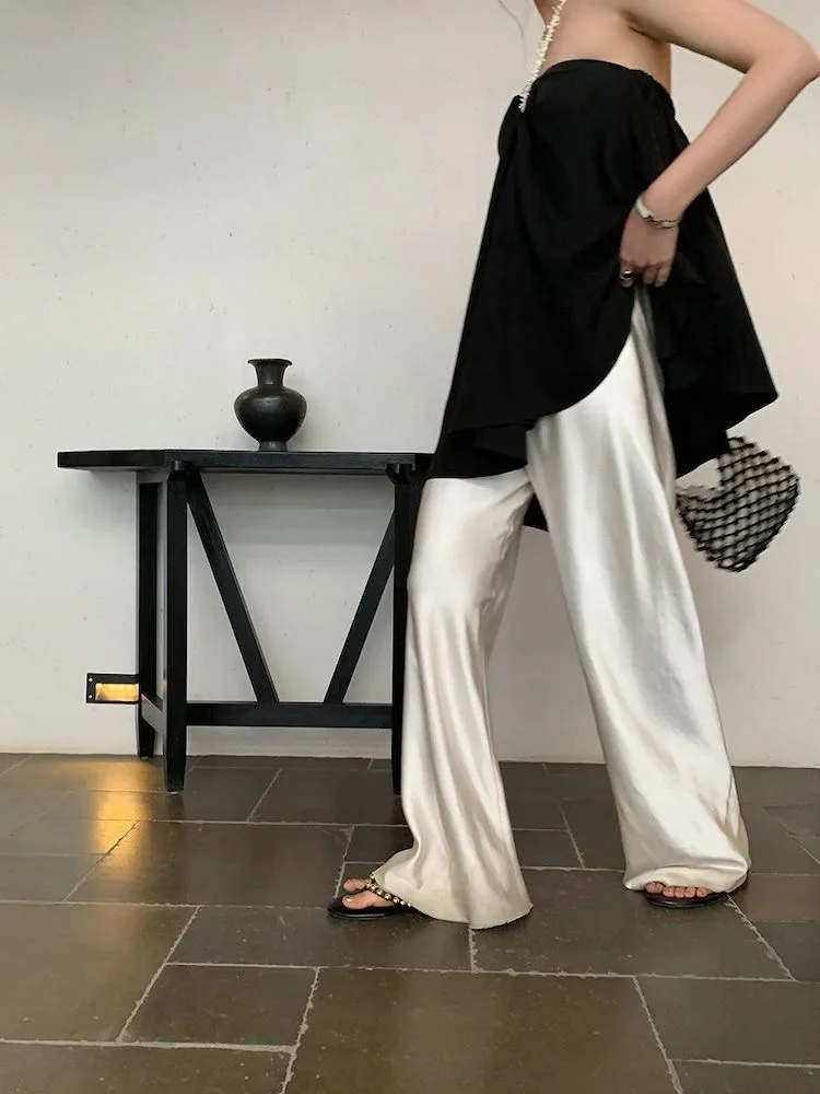 HOUZHOU Satin Wide Leg Pants Women\'s Summer Elegant Trousers Casual Baggy Korean Fashion 2024 Female Office Wear Black Pants