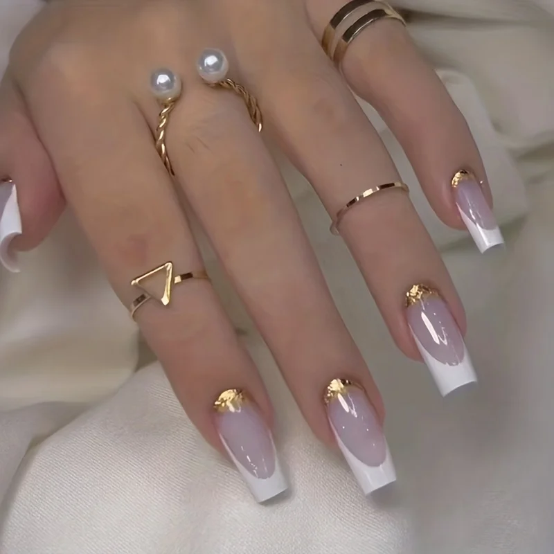 

24pcs Glossy White French Tip Press On Nails with Golden Glitter Design - Full Cover Medium Ballerina False Nails for Women and