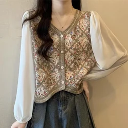 Floral Crochet Top Women Long Sleeve Button Front Embroidery Lace Blouse Boho Summer Beach Tops Retro blusas para mujer