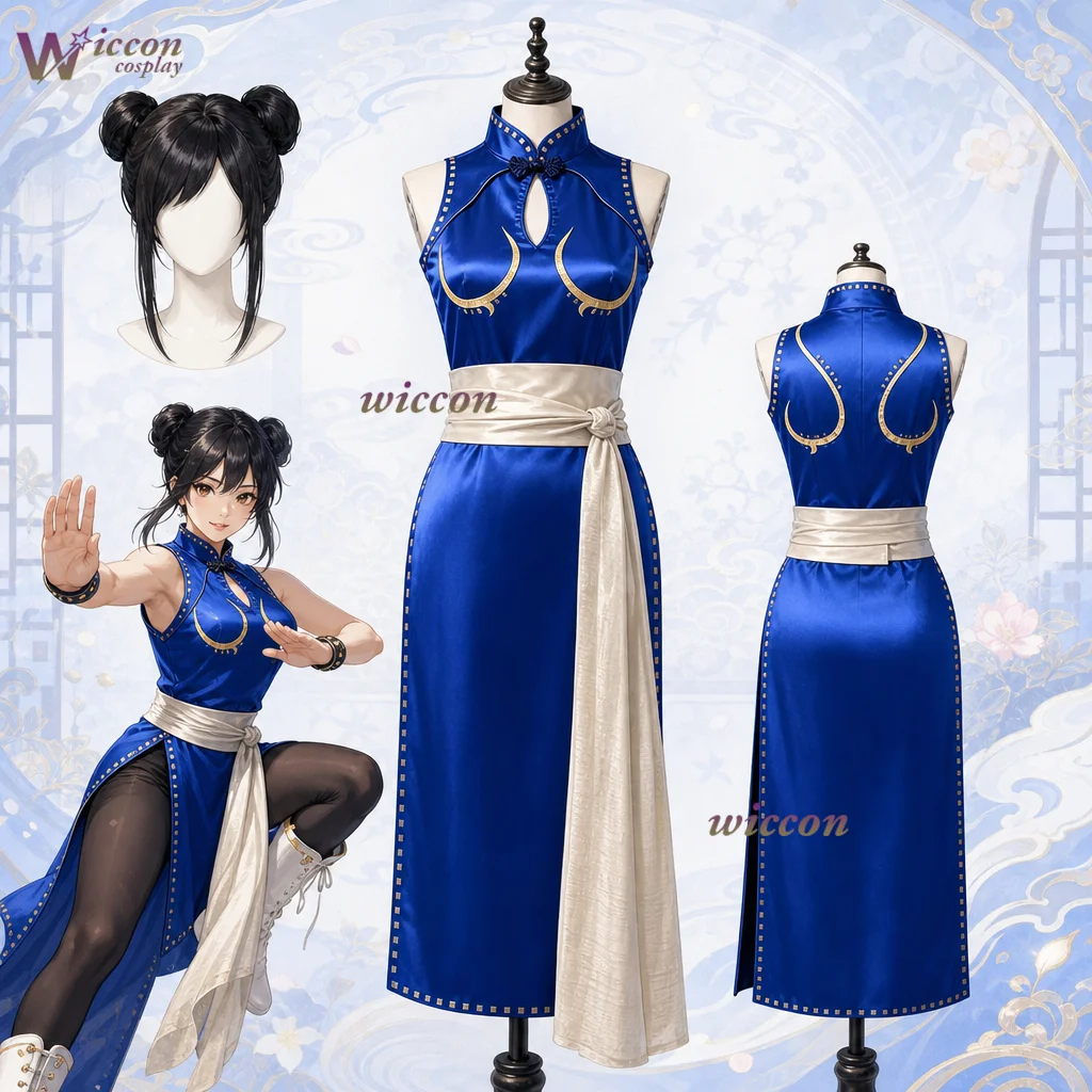 

YesOk SF Street Chun Li Costumes wig Movie Live Sction Uniform COSPLAY Blue Qipao Halloween Sexy Suit Chunli Kung Fu Woman