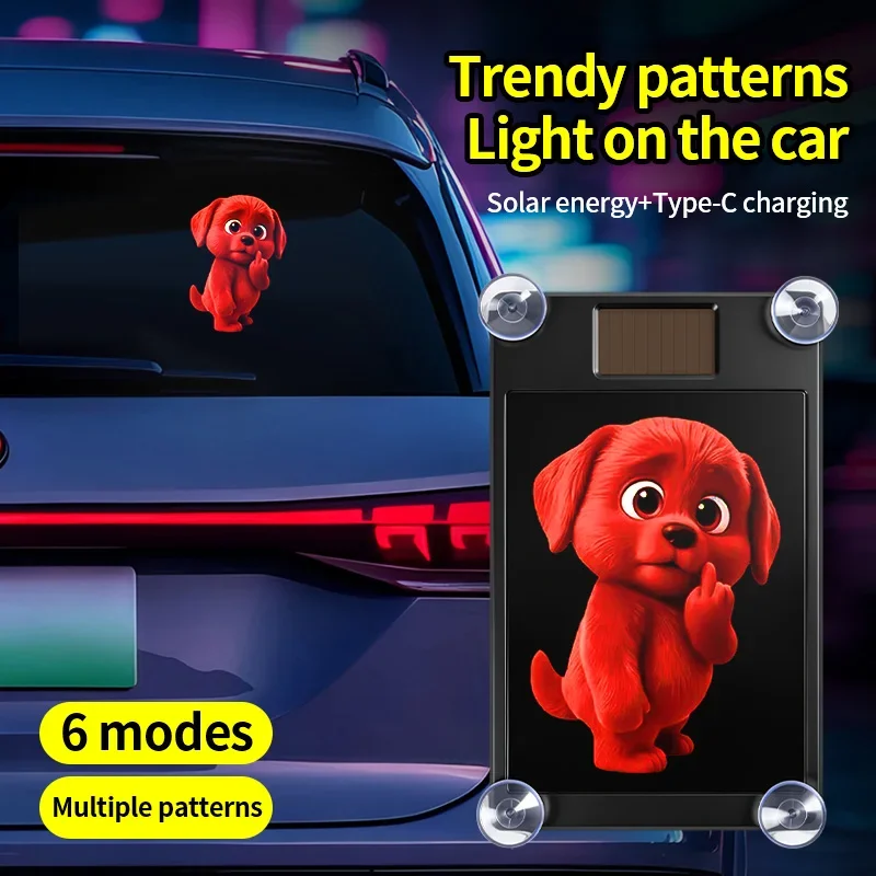 Evil Red Puppy Middle Finger Solar Charging Dynamic LED Light Multi-mode Decorative Warning Light No Wiring Needed