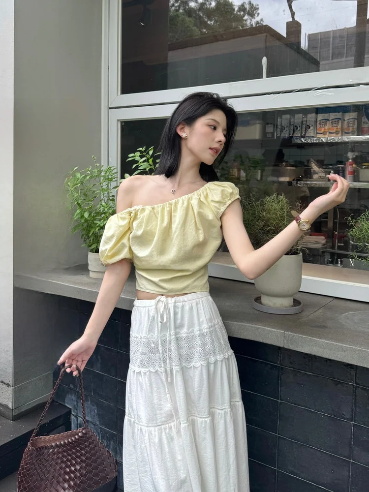 

Женская футболка из смесового хлопка с лимонно-ванильным принтом, на одно плечо, плиссированная, двусторонняя, повседневная, средней длины