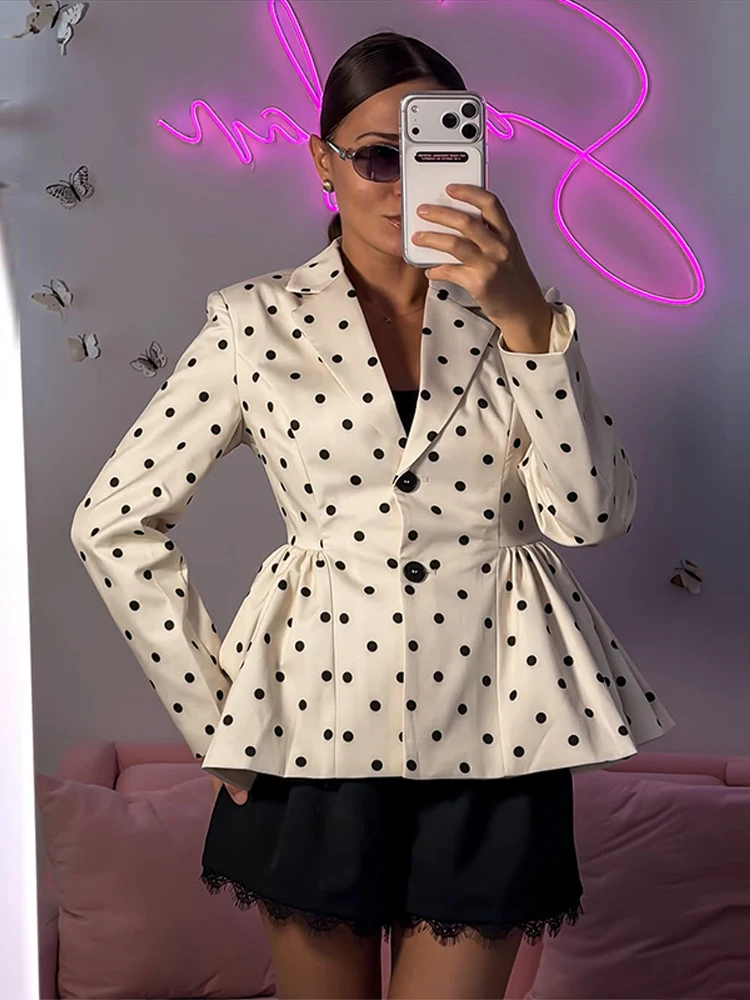 Gepunktete Taillenbetonte Mäntel für Damen Eleganter Revers Langarm Einreihiger Plissierter Schlanker Blazer Schicke Büro-Damen Neue Oberbekleidung – Detail 9