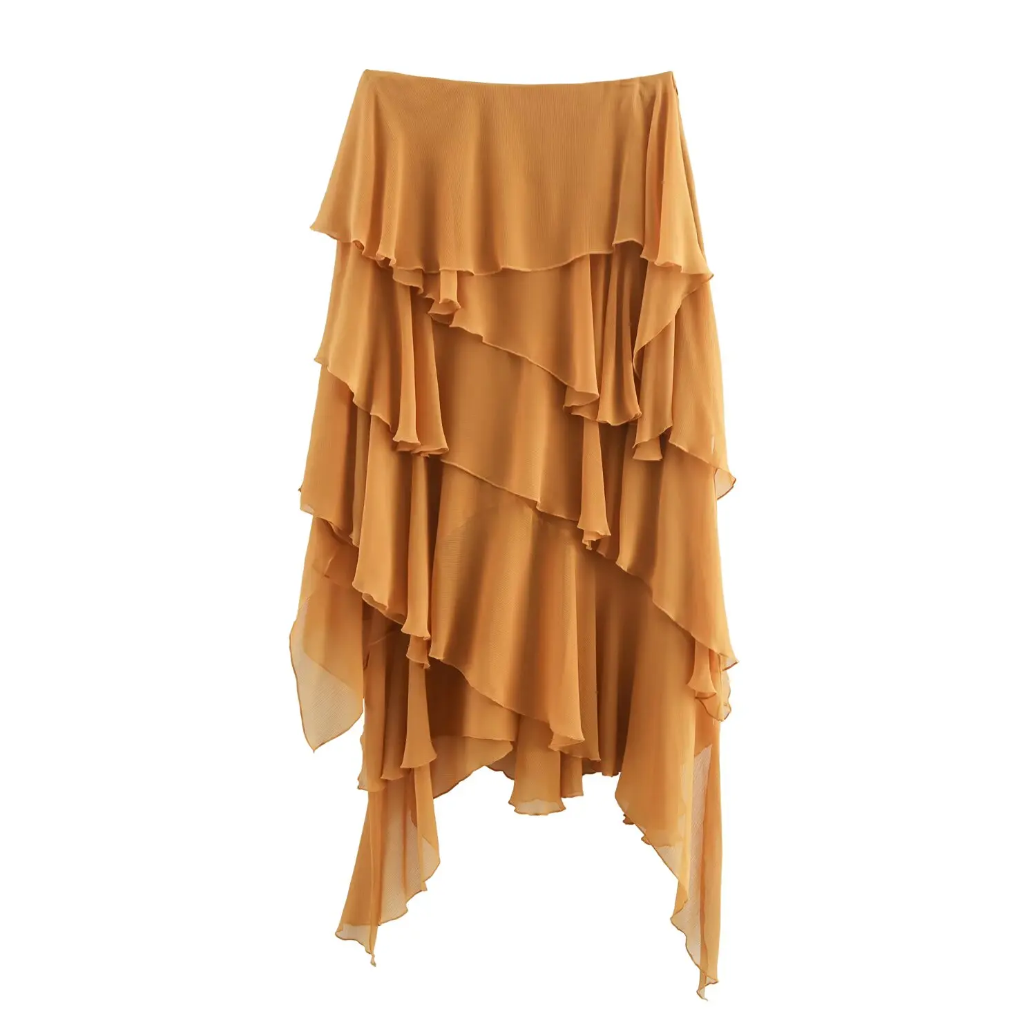 

ZBZR Spring New Women's Faion Asymmetric Midi Skirt Layered Decoration Street Sle Polyester Fiber Ci Commuting Skirt