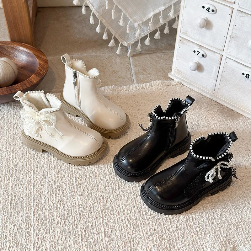 JGSHOWKITO Kids Fleece Lined Boots Winter Girls Princess Platform Ankle Boots Sweet Lace Elegant Children Fashion Cotton Boots