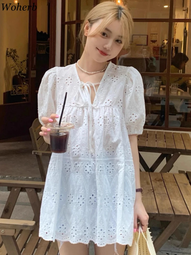 

Chic V Neck Bandage Women Blouses Embroidery Floral Puff Sleeve Shirts 2025 Camisas De Mujer Korean Vintage White Oversized Tops