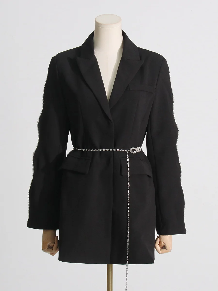 سترة نسائية بقصة ضيقة بتصميم مجوف وأكمام من حجر الراين وحزام لؤلؤي ونمط أزياء الخريف #2