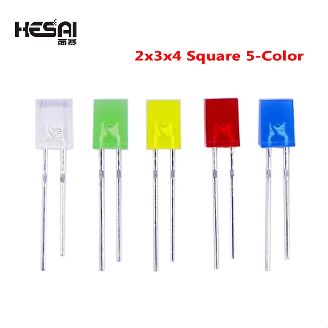 100 sztuk/partia 2x3x4 kwadratowe 5-kolorowe krótkie nogi dioda elektroluminescencyjna LED In-Line koraliki do lampy LED komponenty elektroniczne DIY