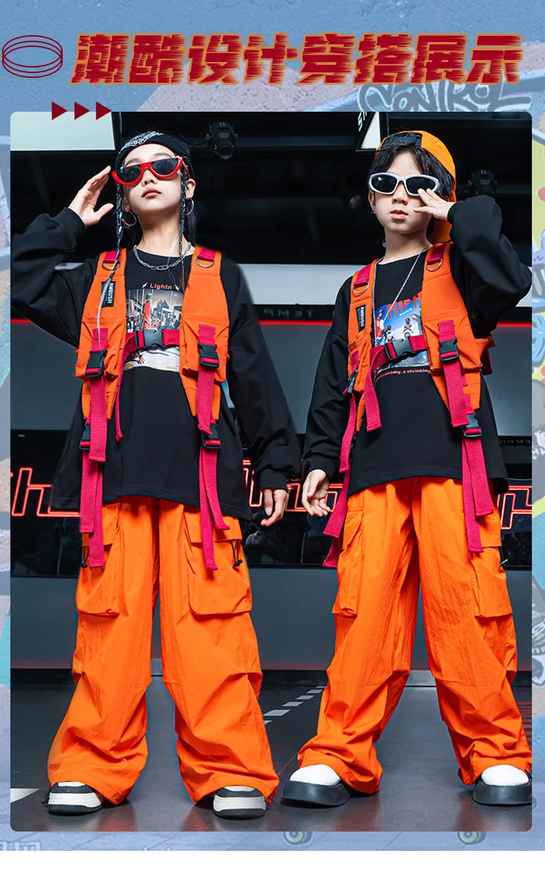 أزياء أداء رقص شارع الجاز للأطفال الهيب هوب بأكمام طويلة للأولاد مجموعة سترة السراويل البرتقالية