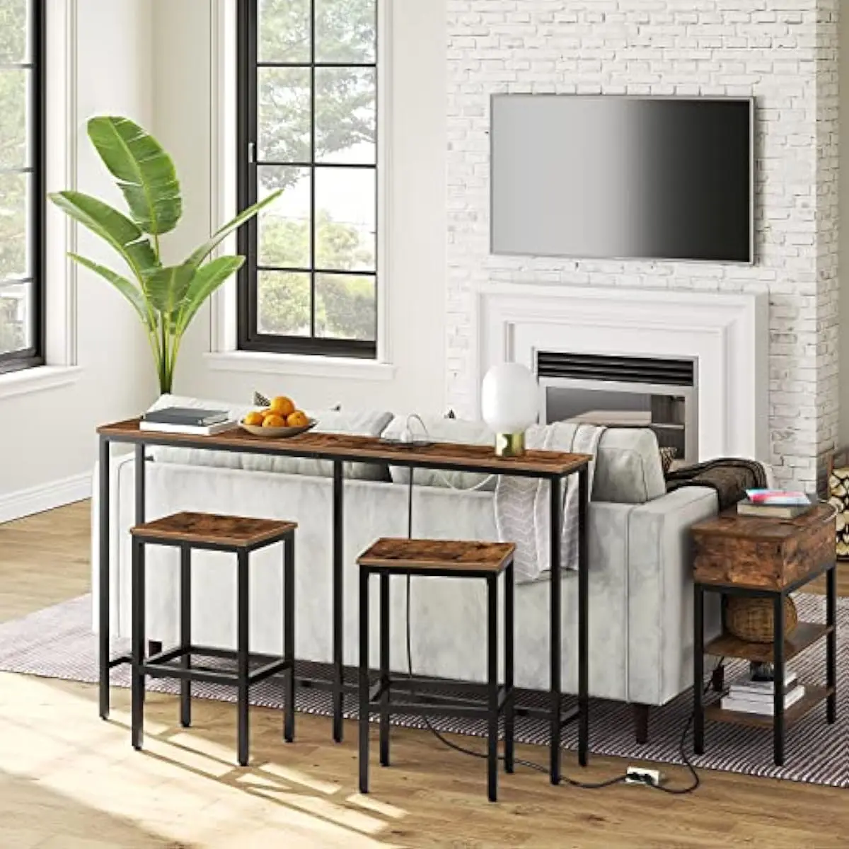 Bar Stools Set of 2 | Industrial-Style Rectangular Counter Chairs | Rustic Brown & Black Metal Frame with Engineered Wood Seat |
