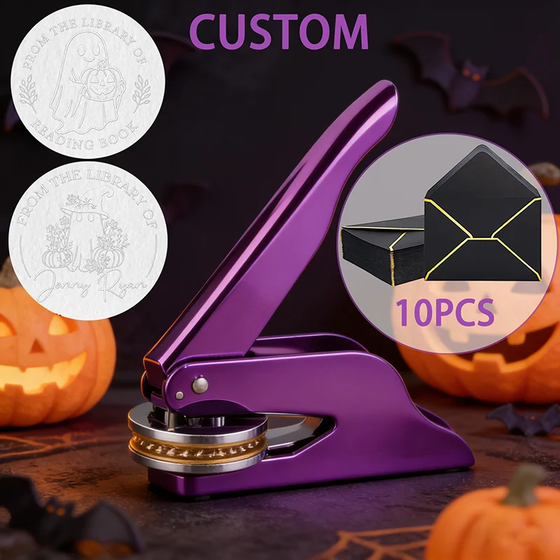 

Блестящий цветной штамп-эмбоссер с 10 конвертами, индивидуальный текстовый штамп для тиснения, персонализированные штампы с дизайном на Хэллоуин для пригласительных открыток