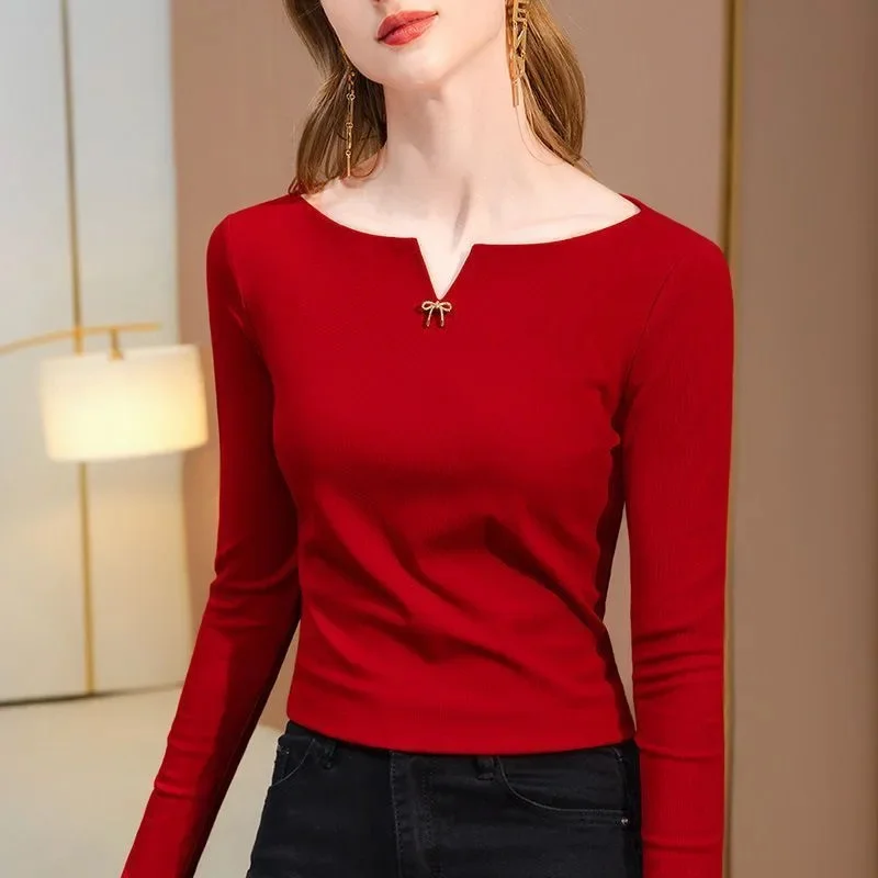 Women Spring Summer Style Tops Shirts Lady Casual Long Sleeve V-Neck Solid Color Basic Top T-shirts