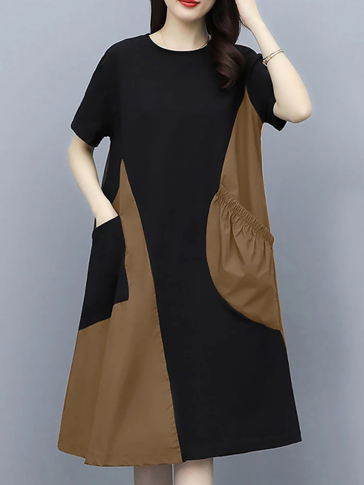 ZANZEA 2025 Summer Women Fashion Holiday Short Sleeve Mini Sundress Casual Korean Colorblock Patchwork Dress Big Pocket Robe