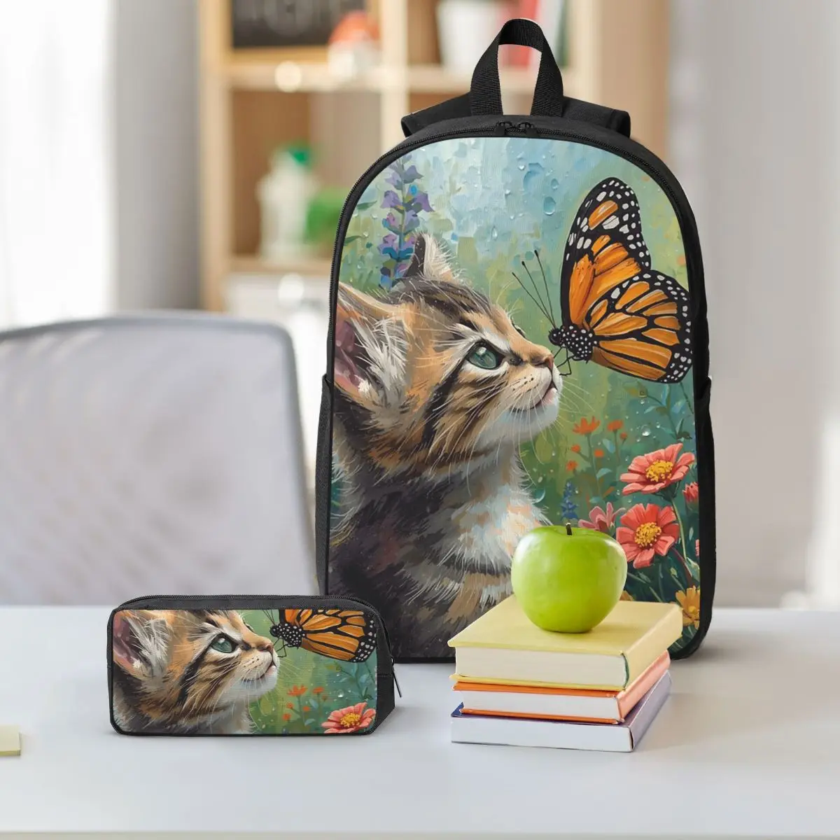 Kitten And Butterfly In A Meadow Backpack Student BookBag School Bag Shoulder Bags 3ps Insulated Lunch Bag Pencil Case