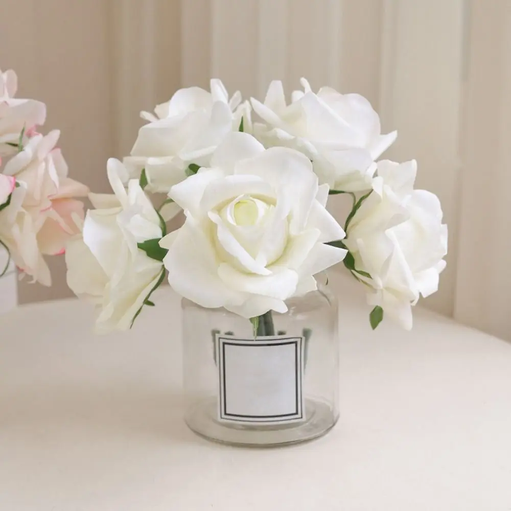 5 Heads Artificial Rose Flower Branch Real Touch Realistic Simulation Rose Flower Handmade Curled Edge Fake Flowers