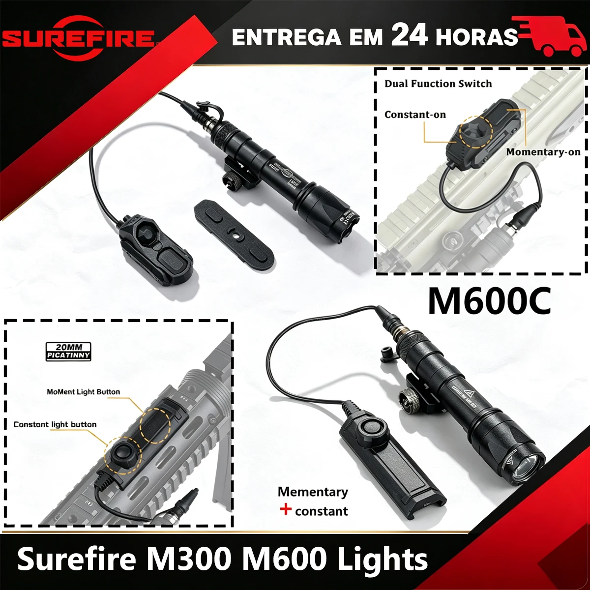 Airsoft Surefire M600 M600C Flashlight Dual Pressure Switch Tactical M300 M300C Hunting Lamp Scout Lights for AR15 20mm Rail