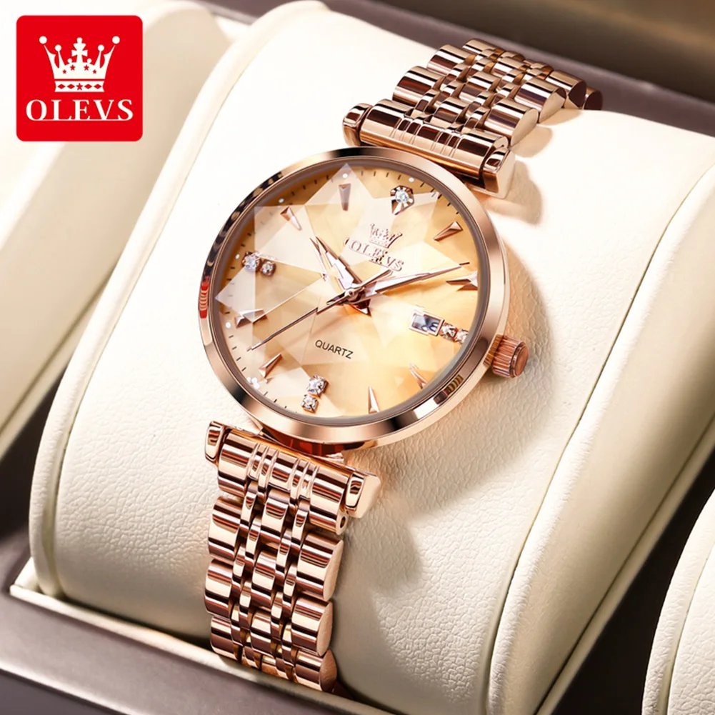 OLEVS Luxury Quartz Watch Women Rose Gold Solid Stainless Steel Strap Rhombus Design Elegant Original Brand Ladies Wristwatch