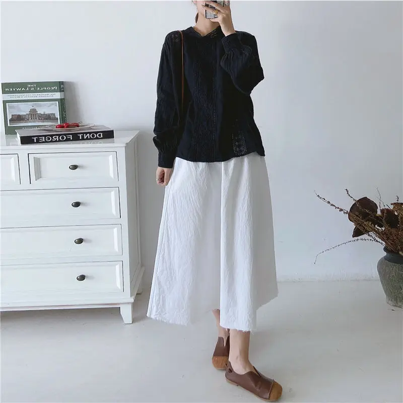 Johnature New Korean Linen Womens Tops And Blouses 2024 Autumn Vintage Hollow Out Loose Solid Color Female Shirts