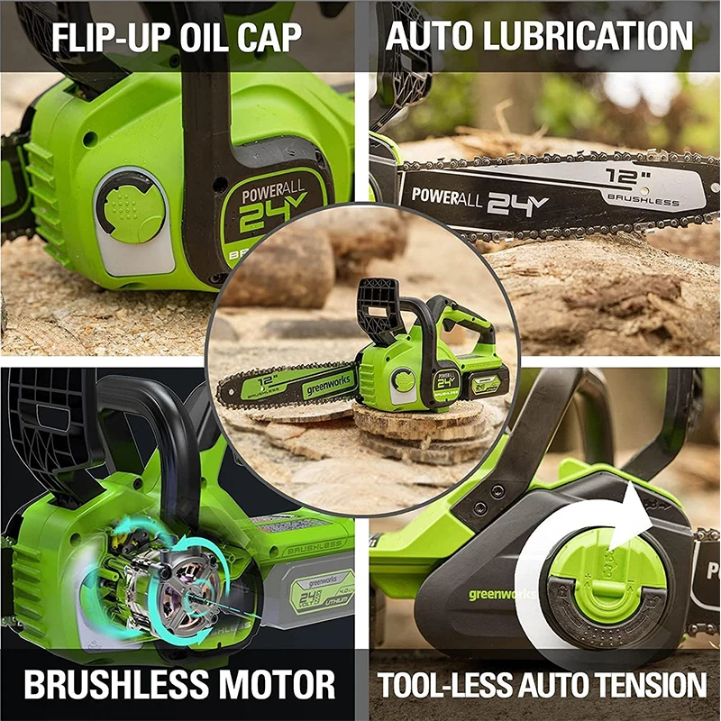 محرك Greenworks بالمنشار بدون فرشاة 24 فولت لاسلكي مدمج 12 بوصة لتنظيف العواصف وتقليم الحطب 125+ أداة أدوات متوافقة فقط