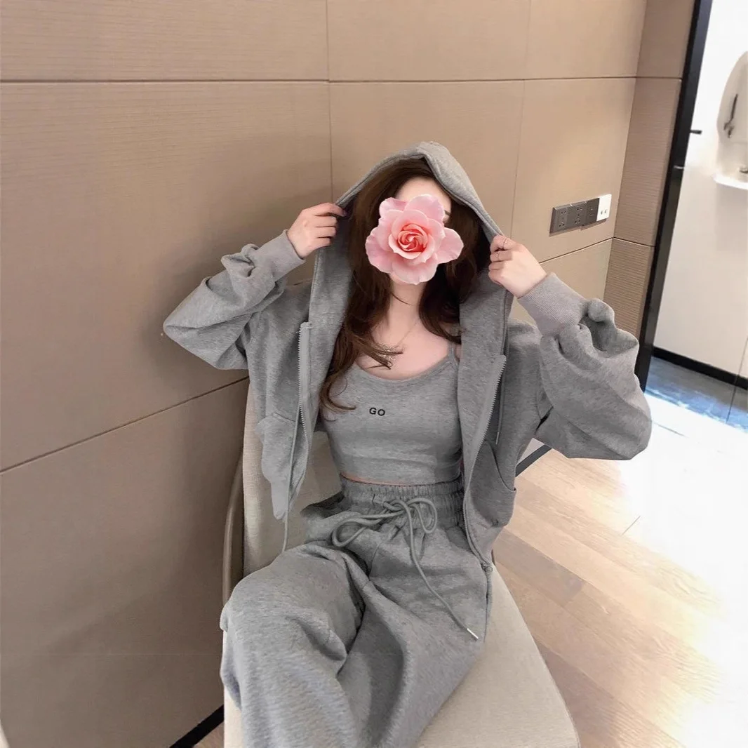 طقم ملابس رياضية للتخسيس للنساء، سويت شيرت عصري فضفاض مناسب مكون من ثلاث قطع لتشغيل موسم الربيع والخريف