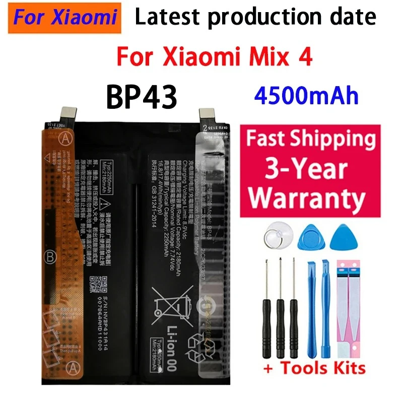 BP43 4500mAh Battery For Xiaomi Mix4 Mi Mix 4 Phone Replacement Batteries + Free Tools