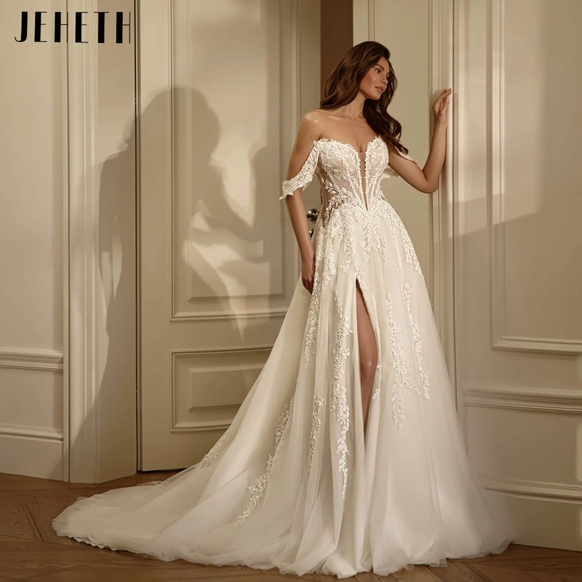 

JEHETH Off Shoulder A-line Appliques Wedding Dress Backless High Slit Romantic Bride Gown Sweetheart vestido de novia Customized