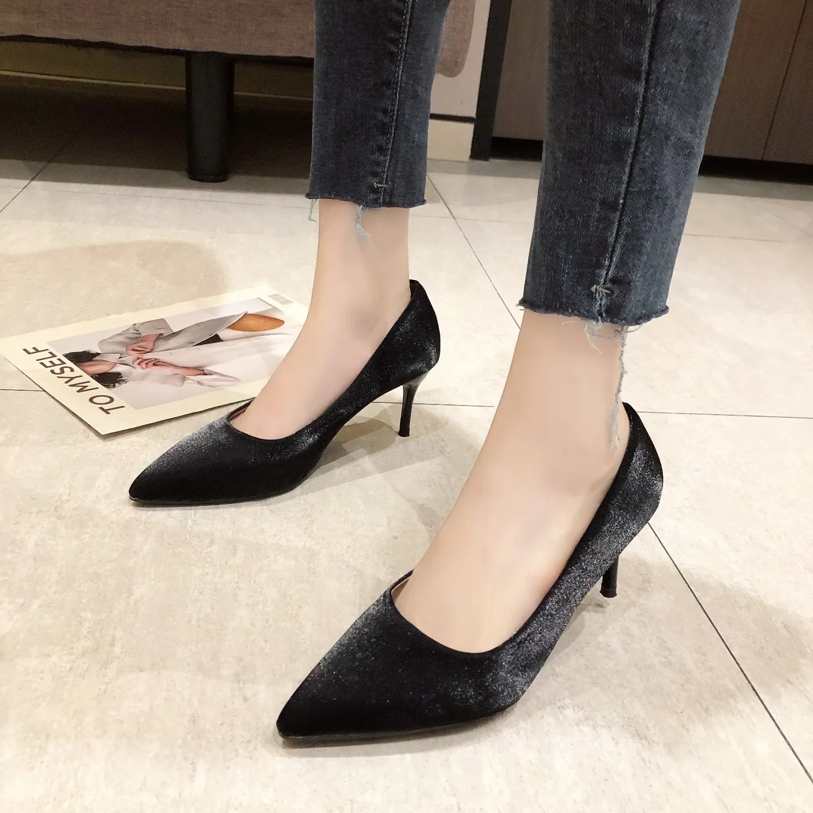 Shoes Women Pumps Fashion High Heels Shoes Black White  Women Wedding Shoes Ladies Stiletto Female Heels 7-10cm