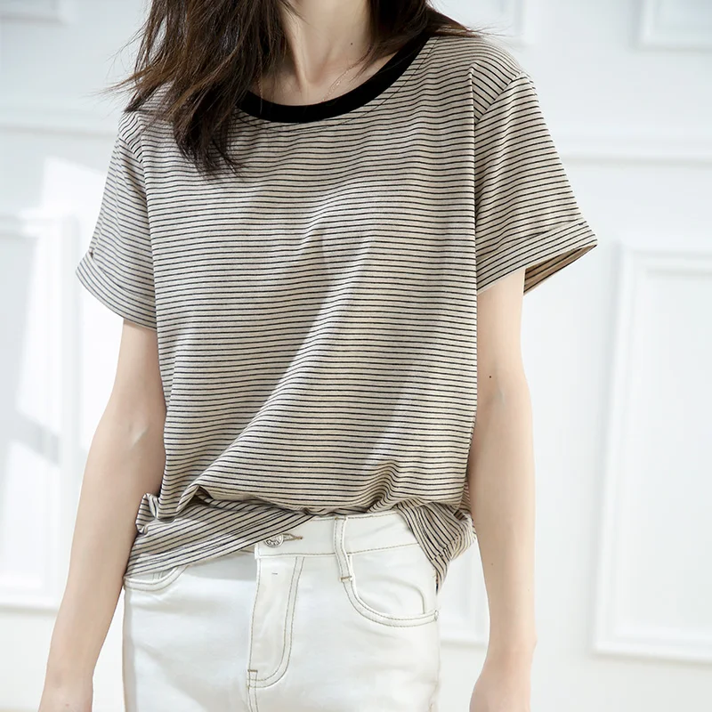 

Summer 100% pure cotton women's T-shirt casual striped knitted pullover short sleeved loose round neck Tees Pull vest Tops