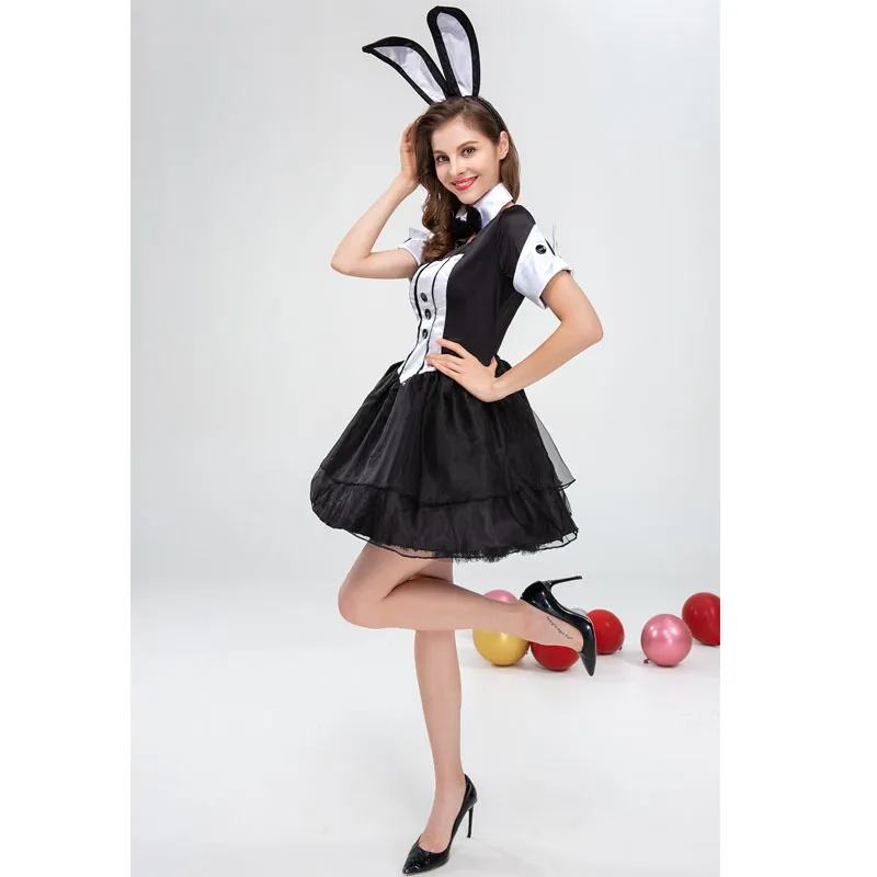 Black and White Bunny Dress with Bunny Headdress Sexy Bunny Costumes Short Club Party Dress Women