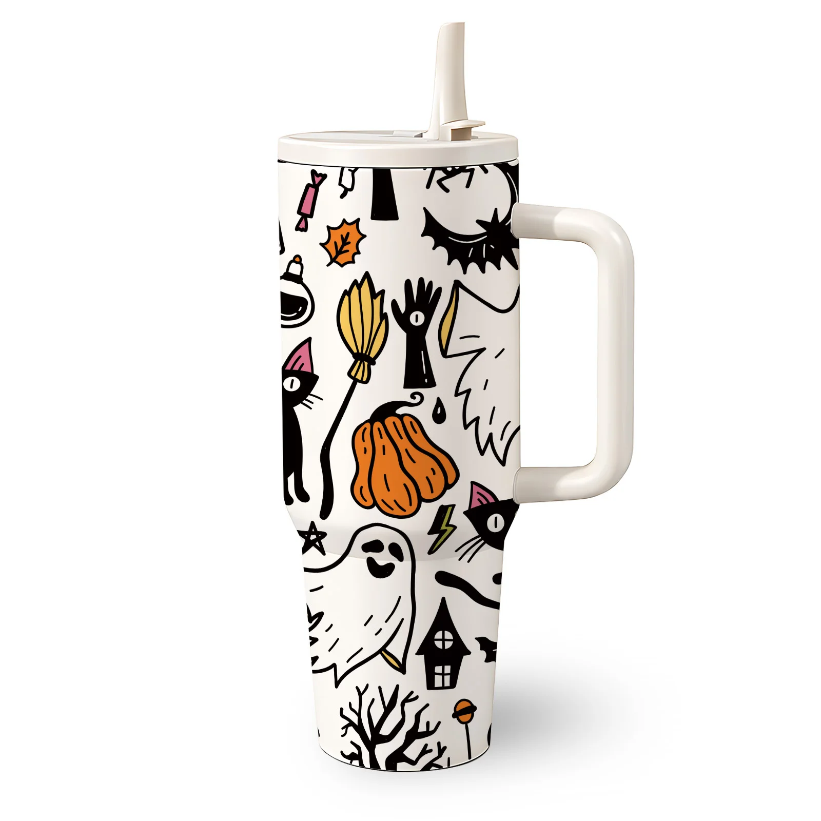 1pc Mikenda 40oz Stainless Steel Sublimation Tumbler, Handle Folding Straw, Black Cat White Orange Pumpkin Witch Broom and Autumn Leaf, Double Wall Insulated Cup, Hot 12H Cold 24H, Halloween Anniversary Birthday Holiday Gift for Family Friends