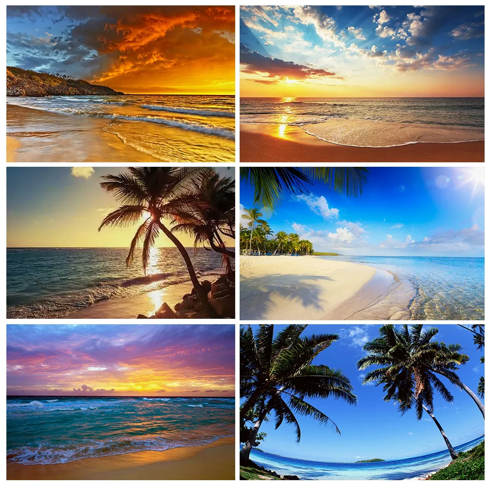 

Blue Beach Summer Tropical Scenery Vacation And Sunset Waves Palm Trees Background Decoration Photography Prop Backdrop Supplies