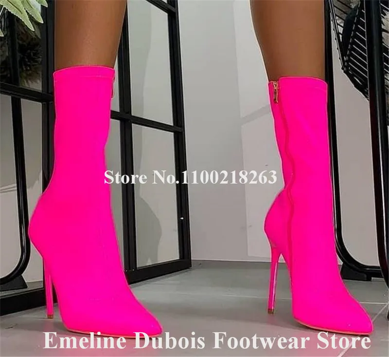 Neon Yellow Short Boots Emeline Dubois Pointed Toe Elastic Stiletto Heel Ankle Booties Zipper-up Banded High Heels Big Size