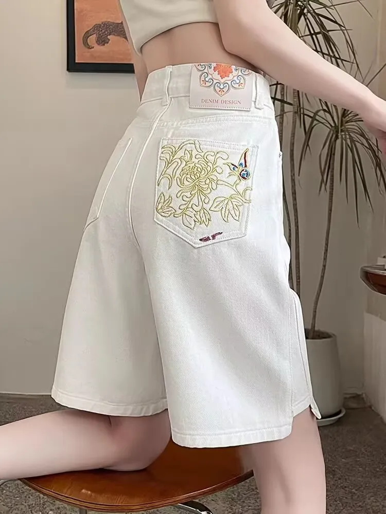 National Embroidery Knee-length Denim Shorts 2025 Women Elegant Split Casual High Waist Shorts Jeans Summer White Denim Shorts