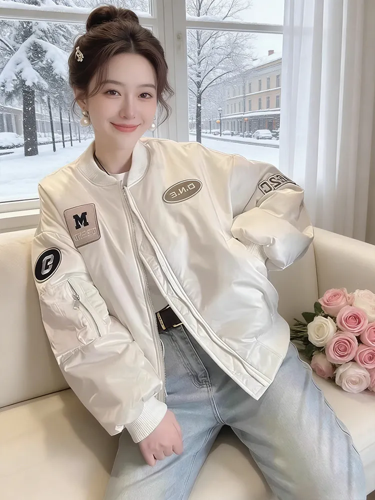 

Spring 2026 American Style Short Women's Jacket Workwear Baseball Stitched Lettering Sportswear Warm Zipper Closure No Hat