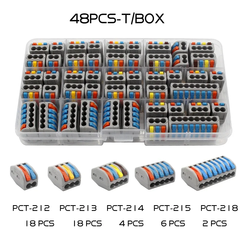 푸시 인 터미널 블록 전기 케이지, 고속 와이어링 커넥터, 범용 가정용 콤비네이션 세트 박스, 30 PCs, 48PCs 