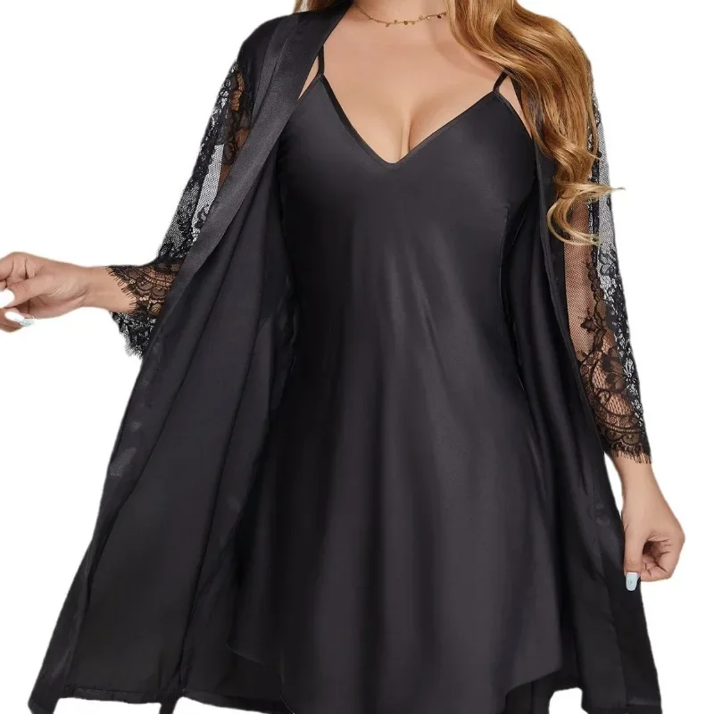 2025 جديد بيجامة من الحرير الجليدي المرأة مثير محاكاة الحرير قطعتين Sleeprobe مجموعة فضفاضة سترة حزام البشكير ملابس المنزل