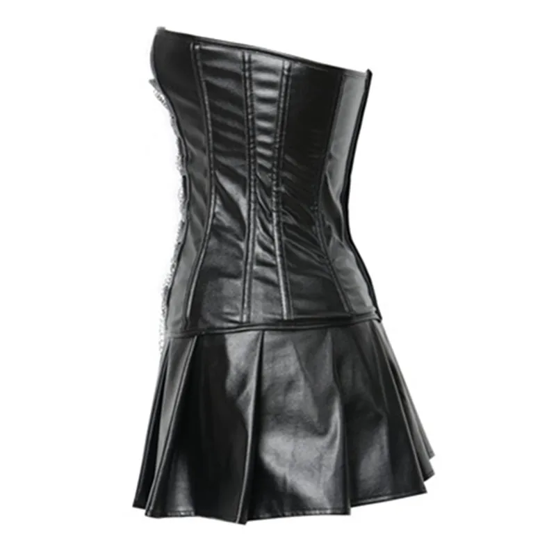 Women Sexy Steampunk Faux Leather Corset Dress Zipper Chain Decoration Gothic PU Leather Korset Overbust Bustier Top With Skirt