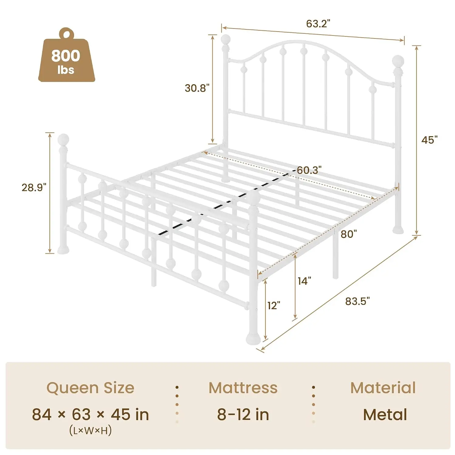 Queen Metal Bed Frame,Victorian Headboard & Footboard,White