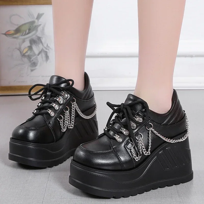 2024 New Metal Chain Punk Gothic Shoes Woman Thick Bottom High Wedge Sneakers for Women 2023 New Black Chunky Platform Shoes