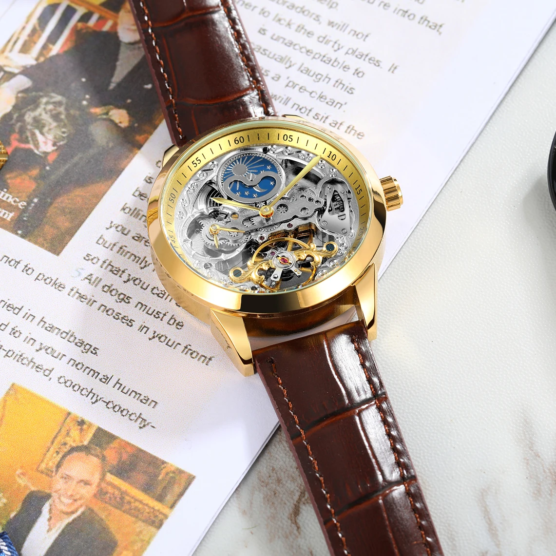 Forsining Retro Moon Phase Skeleton Automatic Watch for Men Luxury Brand Tourbillon Gold Mechanical Watches Brown Leather Strap