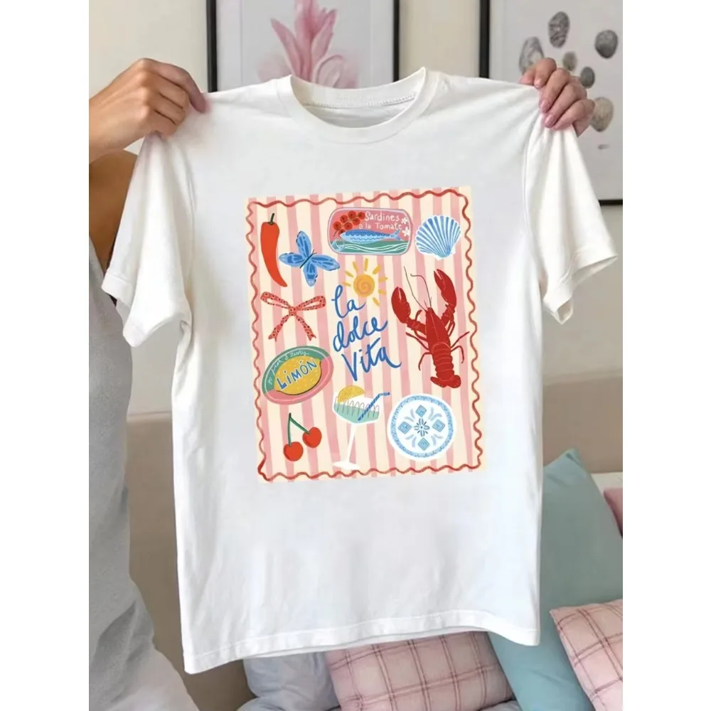 La Dolce Vita Mediterranean Collage Printed T-Shirt for Men Women Casual Crew Neck Short Sleeve Italian Summer Aesthetic Tee