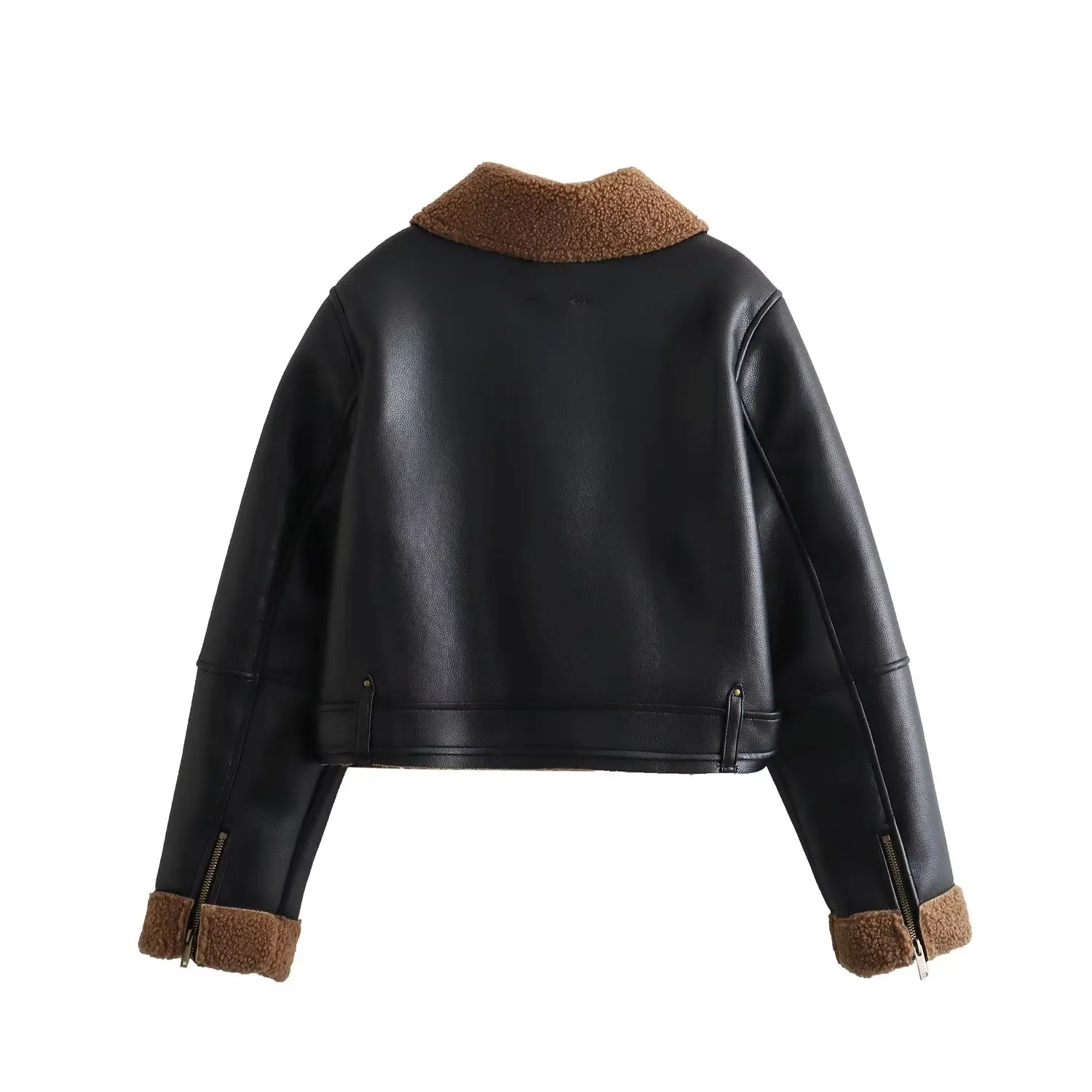 Maxdutti British Fashion Retro Contrast Boyfriend Leather Coat Female Style Fleece Leather Jacket American Retro Motorcycle