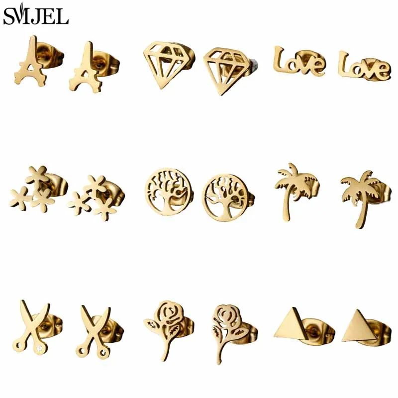 Bohemia Small Stainless Steel Earrings Rose Triangle Scissors Shaped Fashion Stud Earring for Women Hawaii Ear Jewelry Wholesale