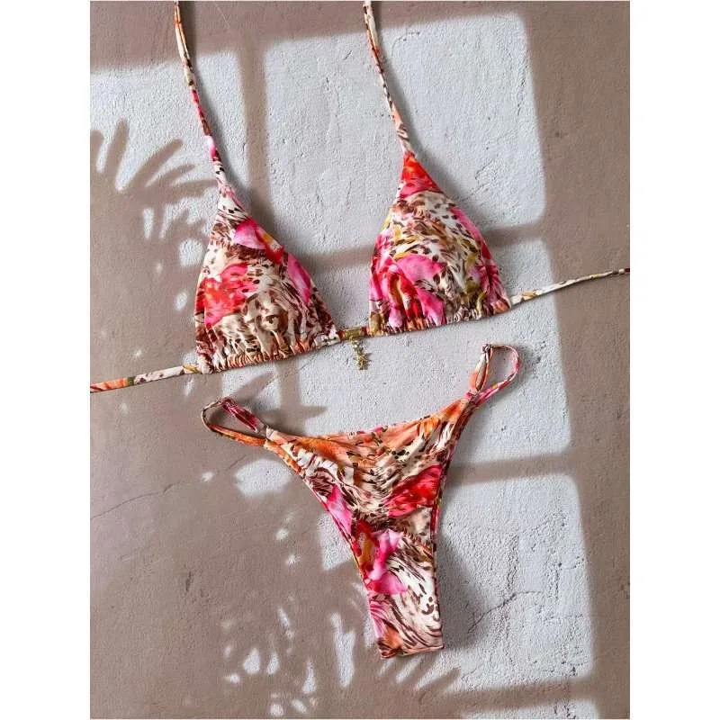 بيكيني نسائي عصري مثير لعام 2025-طباعة الفهد الأزهار كتلة الألوان ربط من قطعتين ملابس سباحة منقسمة لقضاء عطلة الشاطئ وحفلات حمام السباحة