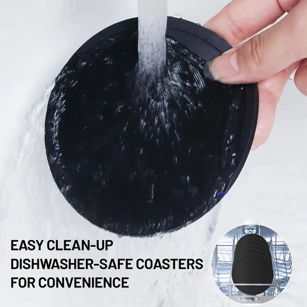 Round Black Silicone Drink Coasters Deep Groove Non-Slip Heat Resistant Washable for Kitchen Coffee Table Household